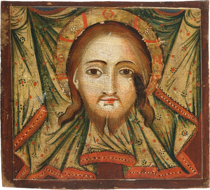 MANDYLION: MANDYLION Langrechteckige Hartholztafel. Tempera auf Kreidegrund. Min. besch. und rest., 24,5 cm x 27 cm. Balkan, 19. Jh. THE HOLY MANDYLION Wood, tempera on gesso ground. Min. damaged and restored, 2