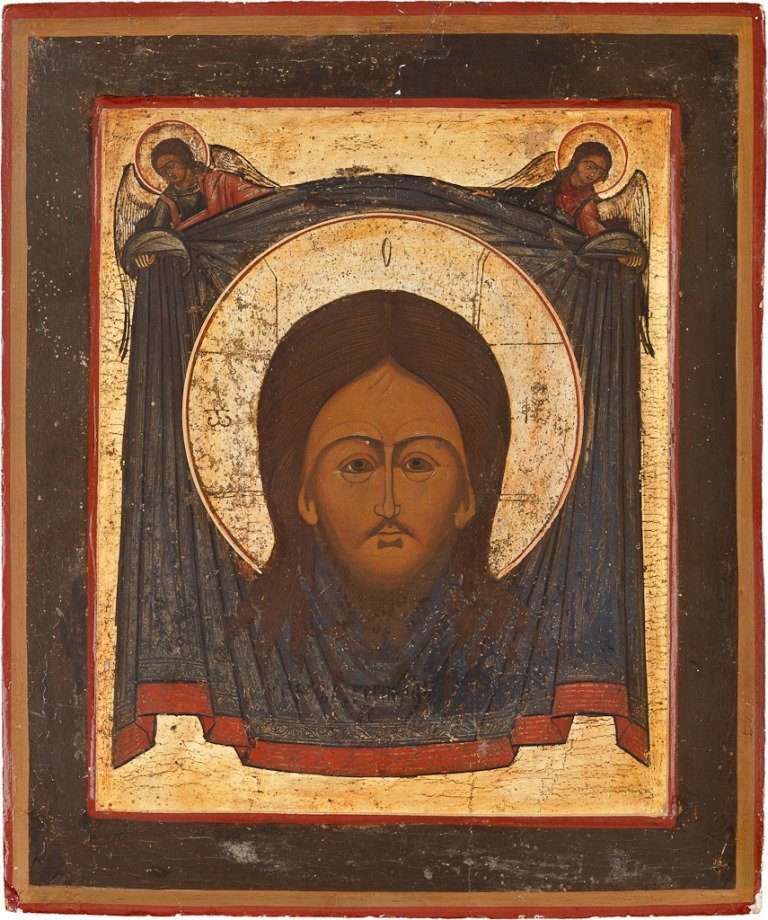 MANDYLION: MANDYLION Holzbrett. Tempera auf Kreidegrund, Nimbus und Hintergrund vergoldet, Kovtscheg. Min. besch., partiell rest., 43,5 cm x 37 cm. Russland, 19. Jh. THE HOLY MANDYLION Wood, tempera on gesso gro