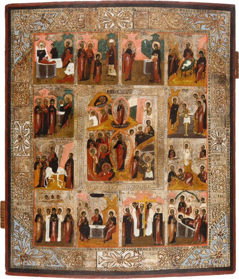FESTTAGSIKONE: FESTTAGSIKONE Tempera auf Holz, Hintergrund versilbert, Bordüre punziert. Berieben und rest., 35,5 cm x 30 cm. Russland, um 1890. RESURRECTION AND DESCENT INTO HELL WITH FEASTS Wood, tempera on chalk