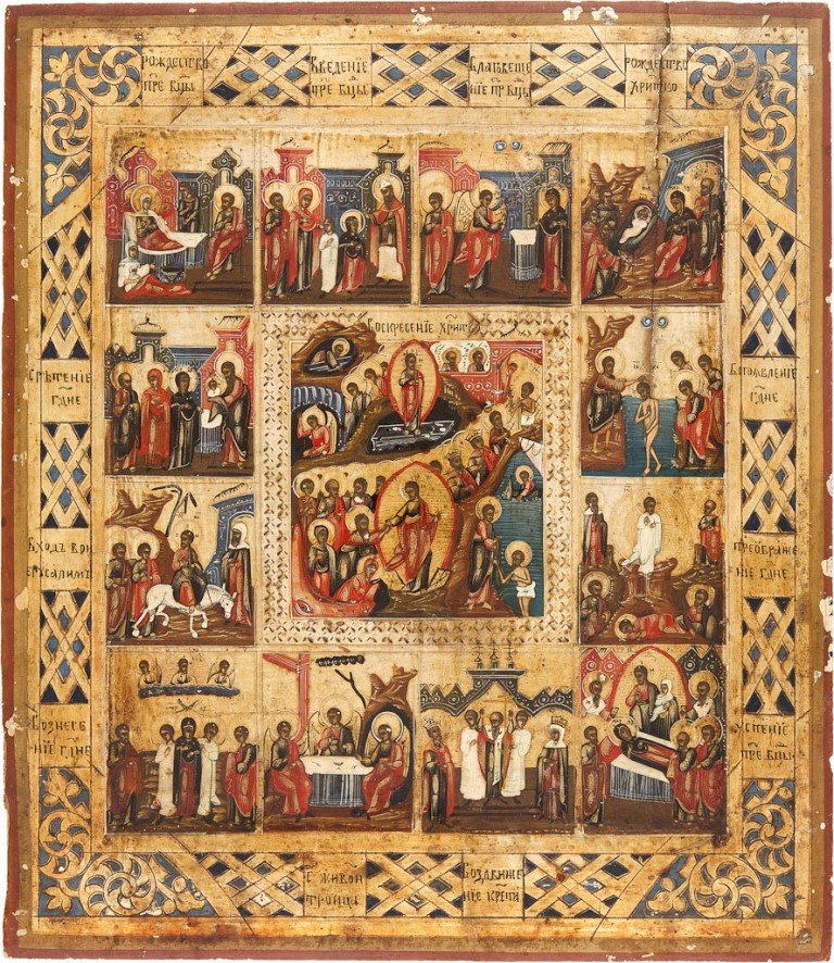 FESTTAGSIKONE: FESTTAGSIKONE Holzbrett. Tempera auf Kreide- und Goldgrud, Bordüre punziert. Partiell besch., min. verschmutzt, 35 cm x 30,5 cm. Russland, Ende 19. Jh. RESURRECTION AND DESCENT INTO HELL WITH FEASTS 