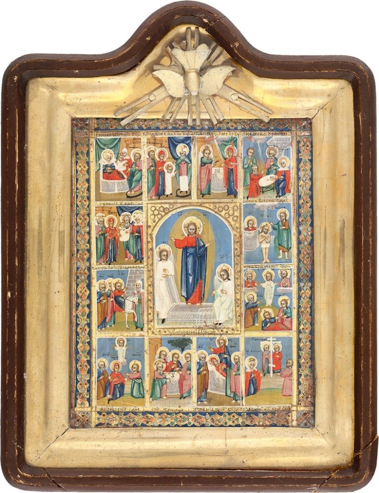 FESTTAGSIKONE IN EINEM KIOT: FESTTAGSIKONE IN EINEM KIOT Laubholzbrett. Tempera auf Kreidegrund, Bordüre vergoldet, punziert. Partiell berieben, 22,5 cm x 17,5 cm (Ikone), 32,5 cm x 25 cm (Kiot). Russland, um 1900. RESURRECTION 