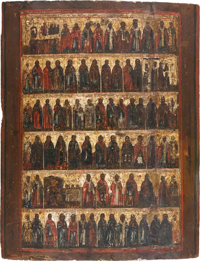 MONATSIKONE OKTOBER: MONATSIKONE OKTOBER Laubholzbrett, Tempera auf Kreidegrund, auf Leinwand, Hintergrund vergoldet. Stark besch., 37 cm x 29 cm. Russland, um 1800. MONTH OF OCTOBER Wood, tempera on chalk ground, on canv