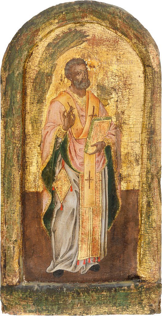 HEILIGER NIKOLAUS: HEILIGER NIKOLAUS Holzbrett mit abgerundetem Abschluss. Tempera auf Kreide- und Goldgrund, Kovtscheg. Partiell besch. und rest., 33,5 cm x 17 cm. Griechenland, 19. Jh. SAINT NICOLAS Wood, tempera on g