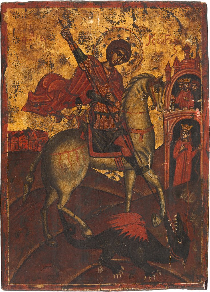 HEILIGER GEORG: HEILIGER GEORG Kleine Holztafel. Tempera auf Kreidegrund, Hintergrund vergoldet, Nimbus punziert. Besch., min. rest., 23,5 cm x 17 cm. Griechenland, 20. Jh. SAINT GEORGE Wood, tempera on gesso ground,