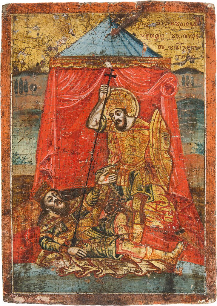 HEILIGER MERCURIUS TÖTET DEN KAISER JULIAN: HEILIGER MERCURIUS TÖTET DEN KAISER JULIAN Kleines Holzbrett. Tempera auf Kreidegrund, Himmelsgrund, Nimbus und Rüstung vergoldet. Altgriechischer Titulus. Partiell stark besch., 23 cm x 16,5 cm. Gr