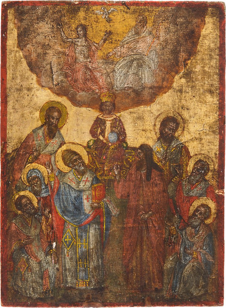 CHRISTUS ALS KÖNIG DER KÖNIGE UND AUSGEWÄHLTEN HEILIGEN: CHRISTUS ALS KÖNIG DER KÖNIGE UND AUSGEWÄHLTEN HEILIGEN Laubholzbrett. Tempera auf Kreidegrund, Nimben und Hintergrund vergoldet. Min. besch., teils verschmutzt, 28,5 cm x 21 cm. Griechenland, 19. 