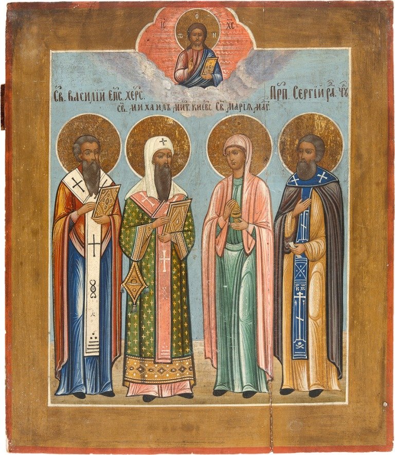 PATRONATSIKONE: PATRONATSIKONE Laubholzbrett. Tempera auf Kreidegrund, Nimben vergoldet. Partiell besch., min. rest., 35,5 cm x 31 cm. Russland, 19. Jh. SELECTED SAINTS Wood, tempera on gesso ground, halo gilded. Par