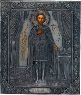 HEILIGER ALEXANDER NEWSKI MIT SILBEROKLAD: HEILIGER ALEXANDER NEWSKI MIT SILBEROKLAD Laubholz-Einzeltafel mit zwei Stirnseiten-Sponki. Ölmalerei auf Kreidegrund. Interieurdarstellung des Heiligen in frontaler Ganzfigur. Auf einem Tisch rechts