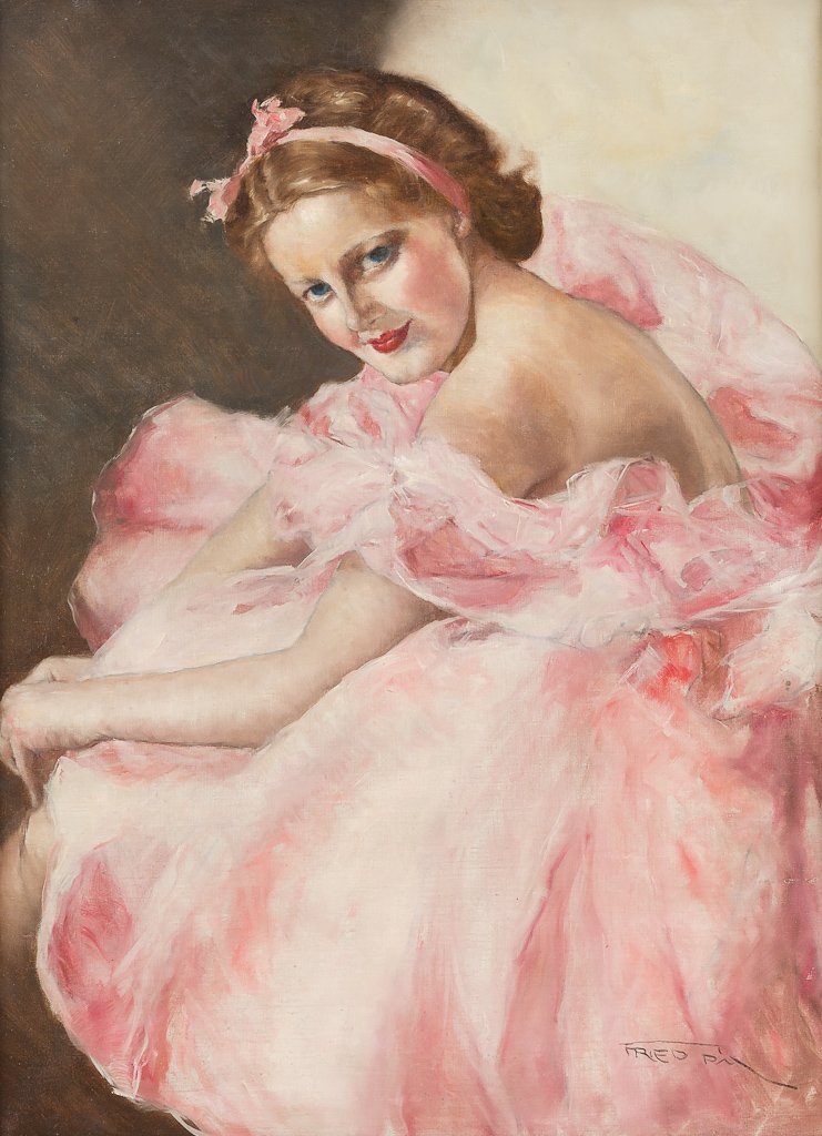 PAL, FRIED 1893 Budapest - New York 1976: PAL, FRIED 1893 Budapest - New York 1976 Junge Ballerina in Rosé Öl auf Leinwand, 80,5 cm x 60 cm, unten rechts signiert 'Fried Pal', verso auf dem Keilrahmen Etikett 'Kulturális Örökségvédelmi