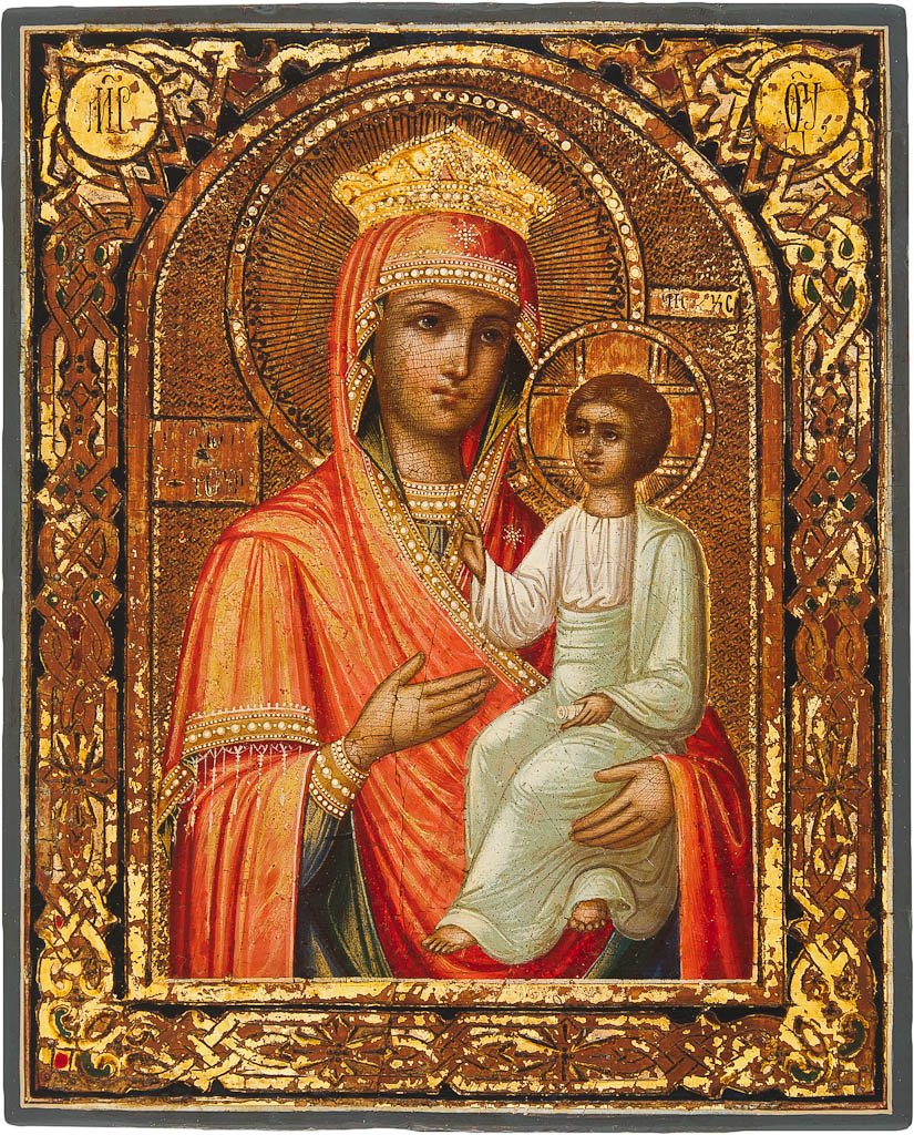 GOTTESMUTTER VON TICHWIN Laubholz-Einzeltafel.: GOTTESMUTTER VON TICHWIN Laubholz-Einzeltafel. Eitempera auf Kreidegrund, der vergoldete Hintergrund und Rand ornamental graviert und punziert sowie in Art der zeitgenössischen Cloisonné-Email-Oklad