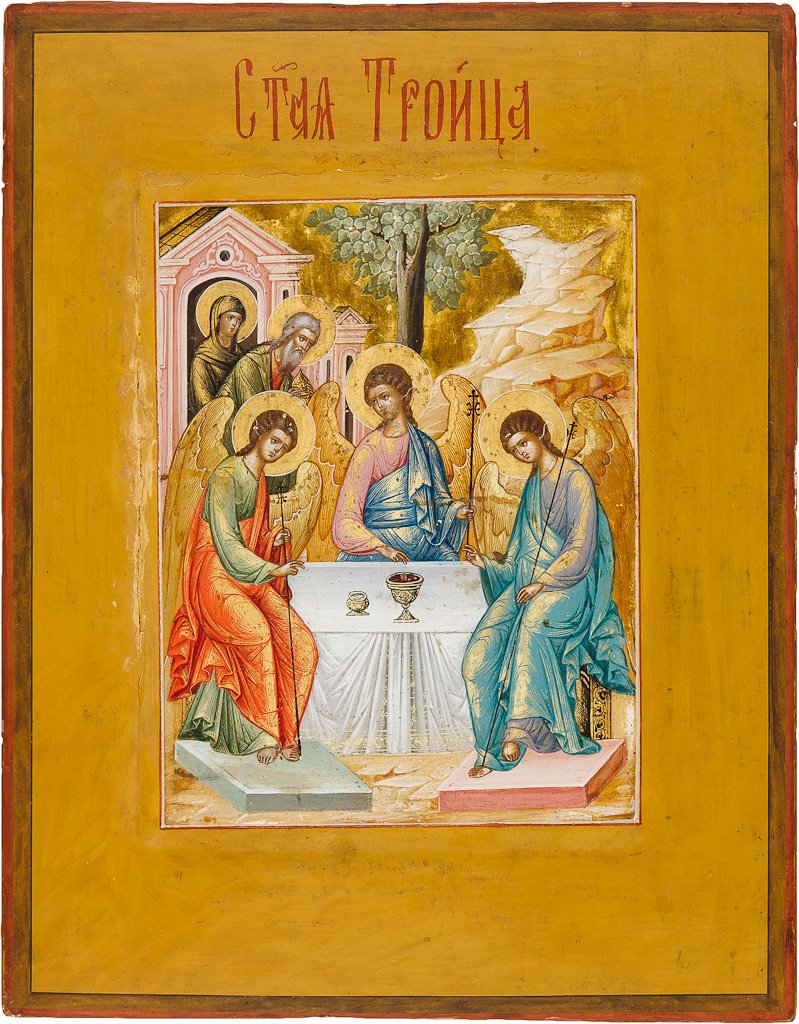 FEINE IKONE MIT DER ALTTESTAMENTLICHEN DREIFALTIGKEIT: FEINE IKONE MIT DER ALTTESTAMENTLICHEN DREIFALTIGKEIT Tempera auf Kreidegrund auf Holz, in spätere Tafel eingesetzt. Darstellung der drei an einem Tisch sitzenden Engel. Im linken Rand stehen vor ein