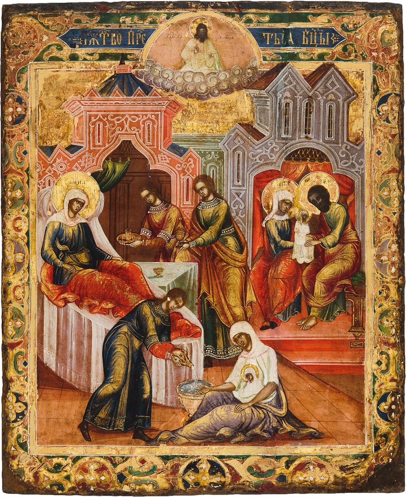 FEINE IKONE MIT DER GEBURT DER GOTTESMUTTER Aus drei: FEINE IKONE MIT DER GEBURT DER GOTTESMUTTER Aus drei Laubholz-Brettern zusammengefügtes Bildfeld mit zwei Rückseiten-Sponki. Tempera auf Kreidegrund, partielle Vergoldung. Mittig am linken Bildrand 