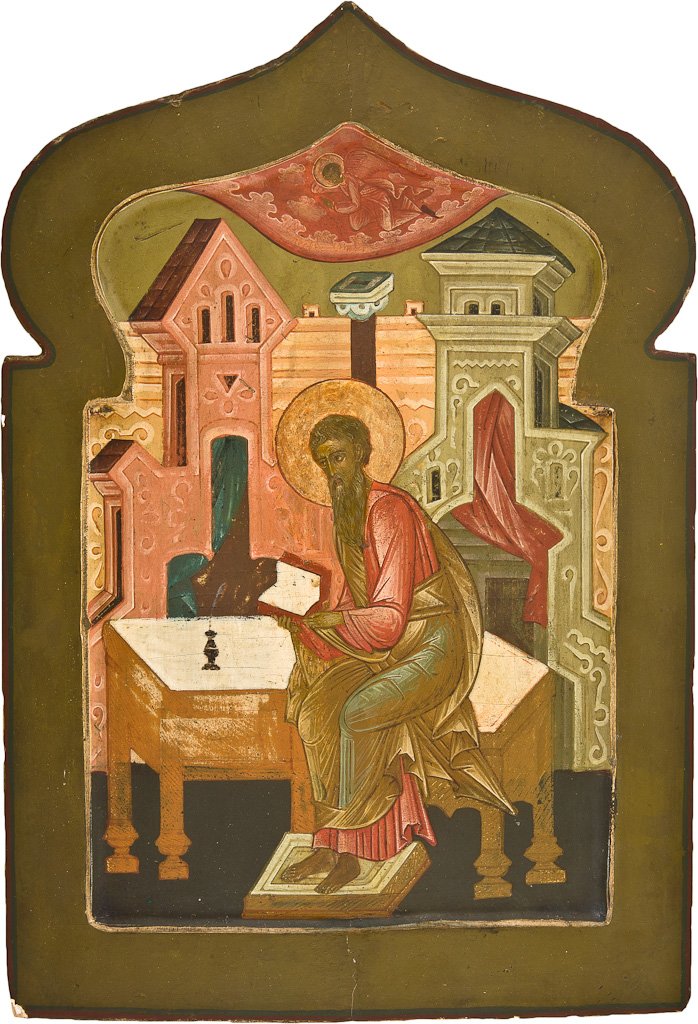 HEILIGER EVANGELIST MATTHÄUS Tempera auf Kreidegrund,: HEILIGER EVANGELIST MATTHÄUS Aus zwei Teilen zusammengefügtes Nadelholzbrett mit zwei Rückseiten-Sponki (verloren) und einem zwiebelförmigen Abschluss. Tempera auf Kreidegrund, auf Leinwand, teils