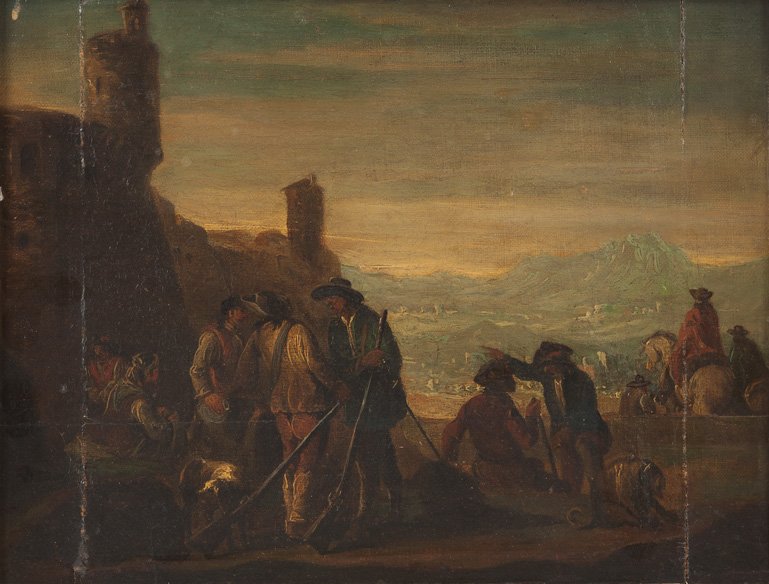 Jagdgesellschaft vor einer Burg in weiter Landschaft: WOUWERMAN, PHILIPS 1619 Haarlem - ebenda 1668 (Schule) Jagdgesellschaft vor einer Burg in weiter Landschaft Öl auf Leinwand, maroufliert, Holzplatte parkettiert, 30 cm x 40,5 cm, verso mit altem Etik