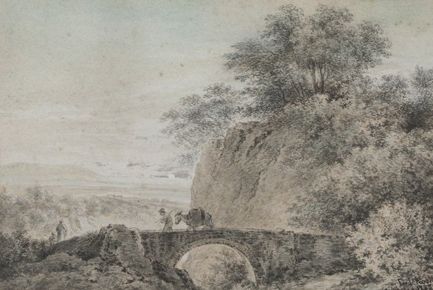 Bauer mit Esel auf einer Brücke: FERDINAND KOBELL 1740 Mannheim - 1799 München Bauer mit Esel auf einer Brücke Bleistift und Tusche, laviert und aquarelliert, auf Papier. Sichtmaß 21,5 cm x 32 cm. Unten rechts signiert und datiert