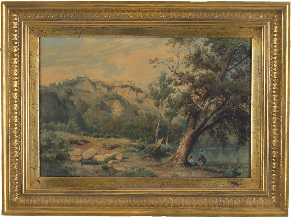 Oberitalienische Landschaft mit Figurenstaffage: OSWALD ACHENBACH 1827 Düsseldorf - 1905 ebenda Oberitalienische Landschaft mit Figurenstaffage Aquarell auf chamoisfarbenem Papier. Sichtmaß 27 cm x 40,5 cm. Unten links signiert 'Osw. Achenbach'. C