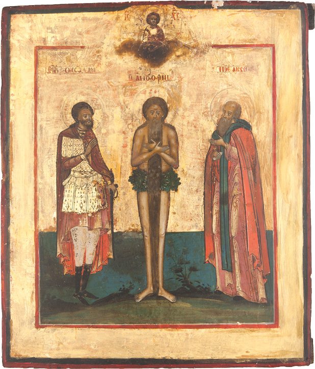 SAMMLUNG VON DREI IKONEN: A COLLECTION OF THREE ICONS Russian, 18th/19th century Tempera on wood panel, partially gilded. Comrising an icon showing three selected saints, a multi-partite icon showing Archangel Michael as Horse