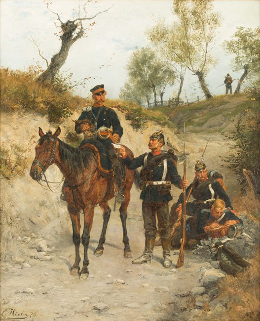 EMIL HÜNTEN 1827 Paris - 1902 Düsseldorf Feldpost -: EMIL HÜNTEN 1827 Paris - 1902 Düsseldorf Feldpost - Berittener Postillon nimmt die Post der Soldaten am Wegesrand entgegen Öl auf Leinwand. 78 cm x 64 cm. Unten links signiert und datiert 'E. Hünt