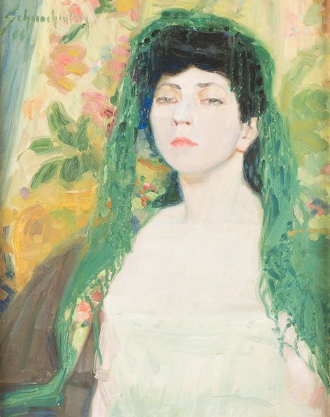 WALTER SCHNACKENBERG 1880 Lauterberg - 1961 Rosenheim: WALTER SCHNACKENBERG 1880 Lauterberg - 1961 Rosenheim Porträt der Tänzerin Lo Hesse Öl auf Leinwand. 64,5 cm x 50 cm. Oben links signiert 'Schnackenberg'. Rahmen. Beigabe: Ein Foto, Gelatinesilbera