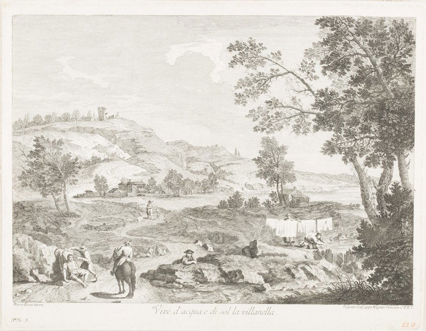 ITALIENISCHE KUPFERSTECHER Tätig im 18. Jh. Un canestro: ITALIENISCHE KUPFERSTECHER Tätig im 18. Jh. Un canestro sul capo e un peso enorme / Vive d'acqua e di sol la villanella / A chi nol cura amor fa festa un cane / Dal suo destrier, che lui parta non ne