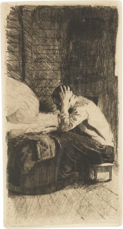 KÄTHE KOLLWITZ 1867 Königsberg - 1945 Moritzburg Frau: KÄTHE KOLLWITZ 1867 Königsberg - 1945 Moritzburg Frau an der Wiege Radierung auf chamoisfarbenem Kupferdruckpapier. SM 47 cm x 33 cm, DM 27 cm x 14,5 cm. Unten links in der Platte bez. 'Original-Rad