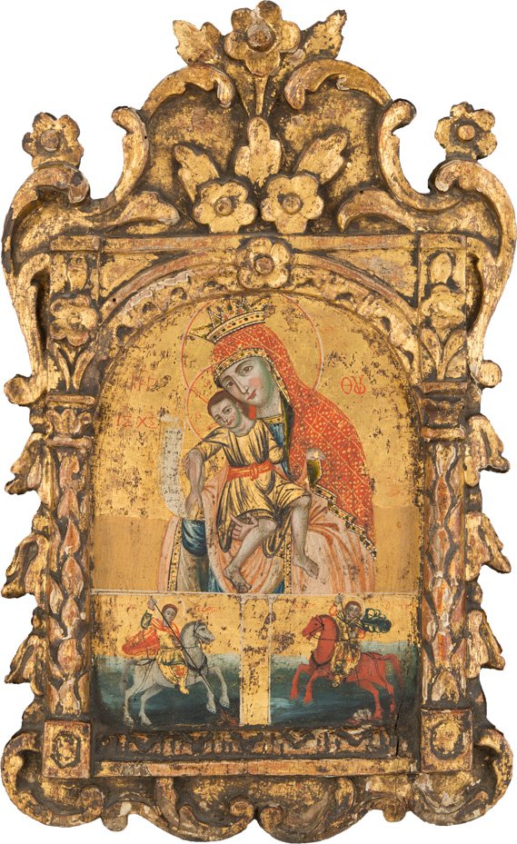SEHR FEINE IKONE MIT DER GOTTESMUTTER VON KYKKOS: A FINE ICON OF THE MOTHER OF GOD OF KYKKOS Greek, 18th century Tempera on wood panel. The Mother of God holding the Christ Child with both hands, Christ sitting in a playful pose holding an open scrol