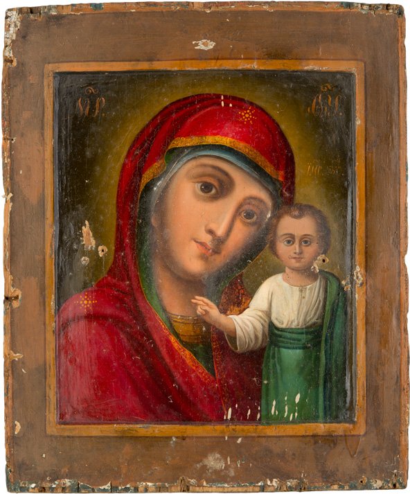 GOTTESMUTTER VON KASAN MIT VERGOLDETEM SILBEROKLAD: THE KAZANSKAYA MOTHER OF GOD WITH A SILVER-GILT OKLAD Russian, 19th century (icon), Moscow, 1765 (oklad) Oil on wood panel. Realistically painted. The silver-gilt oklad bearing a cut-out halo with two
