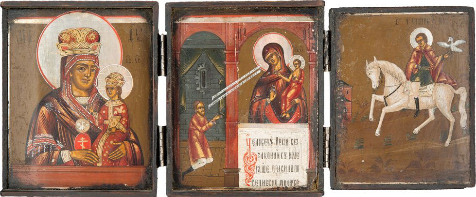 TRIPTYCHON: A TRIPTYCH Russian, 19th century Tempera on wood panel. The central panel showing the Mother of God 'of Unexpected Joy' flanked by the Mother of God of Chenstokhovskaya and St. Tryphon on horseback. G