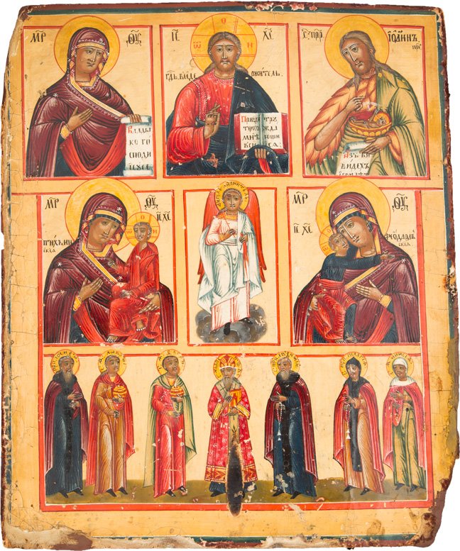 GROssE MEHRFELDERIKONE: A LARGE MULTI-PARTITE ICON Russian, 19th century Tempera on wood panel. The panel is devided into three register showing the Deisis, two images of the Mother of God, the Guardian Angel in the core of 