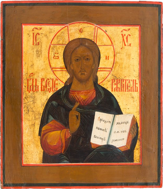 CHRISTUS PANTOKRATOR: CHRIST PANTOKRATOR Russian, 19th century Tempera on wood panel. Executed on a gold ground. Minimally restored. 35.3 x 30.5 cm. CHRISTUS PANTOKRATOR Russland, 19. Jh. Aus zwei Brettern zusammengefugtes