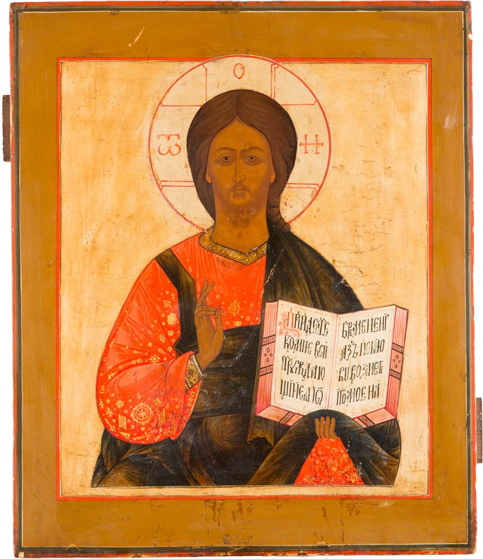 GROssFORMATIGE IKONE MIT CHRISTUS PANTOKRATOR: A LARGE ICON SHOWING CHRIST PANTOKRATOR Russian, 19th century Tempera on wood panel. Traditionally painted. His garments finely executed in bright red and dark blue with chrysography. Background strip