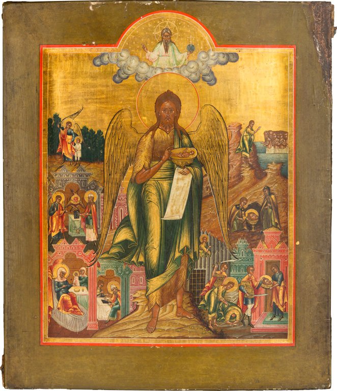 FEINE IKONE MIT JOHANNES DEM VORLÃ„UFER UND SZENEN AUS: A FINE ICON OF ST. JOHN THE FORERUNNER WITH LIFE SCENES Russian, Palekh, 19th century Tempera on wood panel with kovcheg. At center, a large full standing figure of St. John rendered with wings holdin