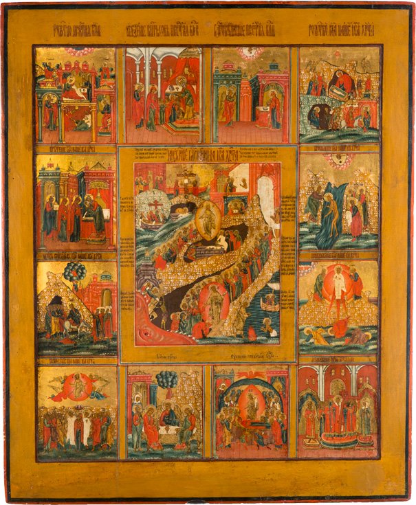 MONUMENTALE IKONE MIT DER HoLLENFAHRT, AUFERSTEHUNG UND: A MONUMENTAL ICON SHOWING THE RESURRECTION AND DESCENT INTO HELL WITH FEAST DAYS KIRCHENJAHRES Central Russian, Mstera, 19th century Zentralrussland, Mstera, 19. Jh. Tempera on wood panel with kovcheg