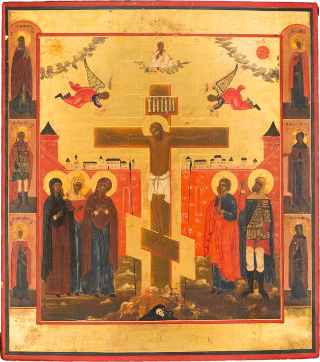 KREUZIGUNG CHRISTI: THE CRUCIFIXION Russian, 19th century Tempera on wood panel. Set against an architectural background representing the city of Jerusalem. Christ depicted on the cross in the centre, the Virgin, St John