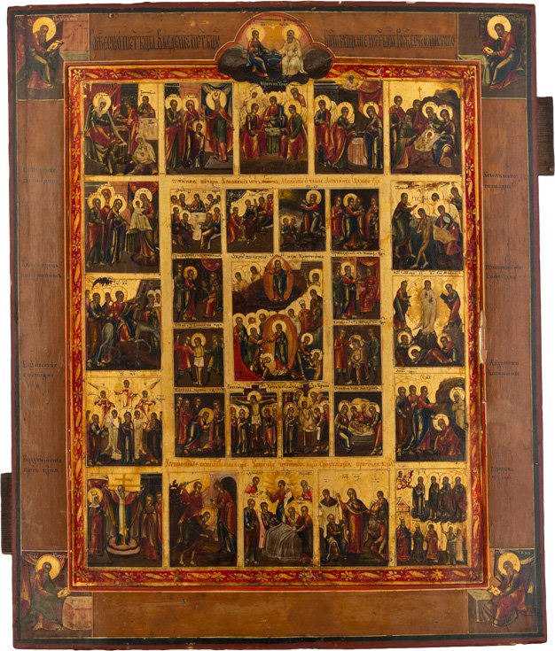 GROssFORMATIGE ERWEITERTE FESTTAGSIKONE: A LARGE ICON OF THE RESURRECTION, PAssION AND FEASTS Russian, Guslicy, late 19th century Tempera on wood panel with kovcheg. Against a golden background. The central panel showing the Resurrection and
