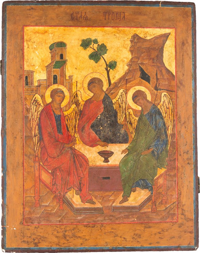 DIE ALTTESTAMENTLICHE DREIFALTIGKEIT: THE OLD TESTAMENT TRINITY 20th century Tempera on wood panel with kovcheg. After the famous icon by Andrey Rublev. The edges minimally chipped, restored. 49 x 38.3 cm. DIE ALTTESTAMENTLICHE DREIFALTIG