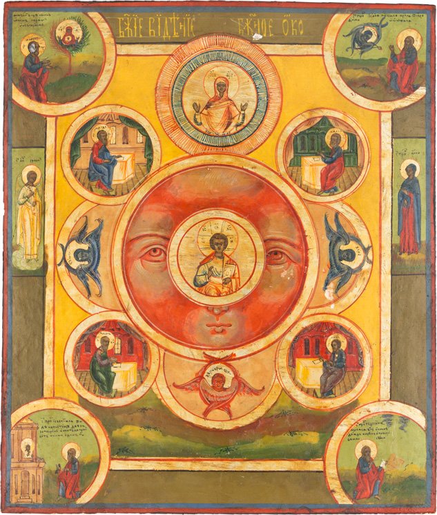 SELTENE IKONE MIT DEM ALLES SEHENDEN AUGE GOTTES: A RARE ICON SHOWING THE ALL SEEING EYE OF GOD Russian, 19th century Tempera on wood panel. Beneath the inscription is the Mother of God in a roundel. In the centre appears Christ Emmanuel within a med
