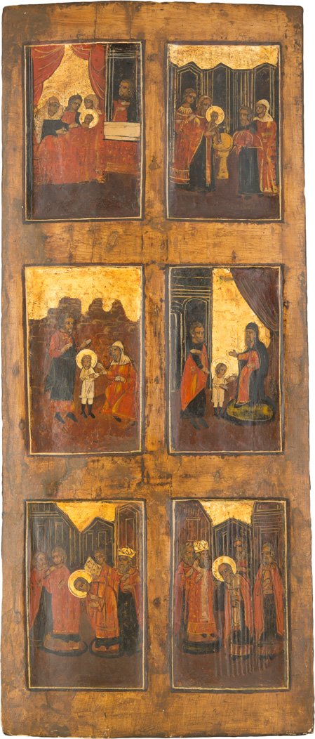 GROssES FRAGMENT EINER IKONOSTASE: A LARGE FRAGMENT OF AN ICONOSTASIS Russian, 18th century Tempera on wood panel with kovcheg. The panel devided into six images in three rows showing scenes from the life of St. Nicholas of Myra. The b