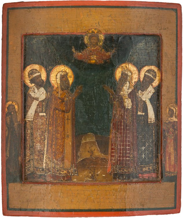 FEINE IKONE MIT DEN VIER METROPOLITEN VON MOSKAU: A FINE ICON OF THE FOUR METROLPOLITANS OF MOSCOW Russian, 17th century Tempera on wood panel with kovcheg. From left to right Sts. Petr, Aleksii, Ionah and Philipp shown full-length in processional ve