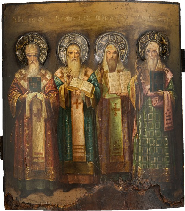 VIER HEILIGE METROPOLITEN VON MOSKAU: FOUR METROPOLITANS OF MOSCOW Russian, 19th century Oil on wood panel. From left to right Sts. Petr, Aleksii, Ionah and Philipp shown full-length in processional vestments. Each of their phelonions dis
