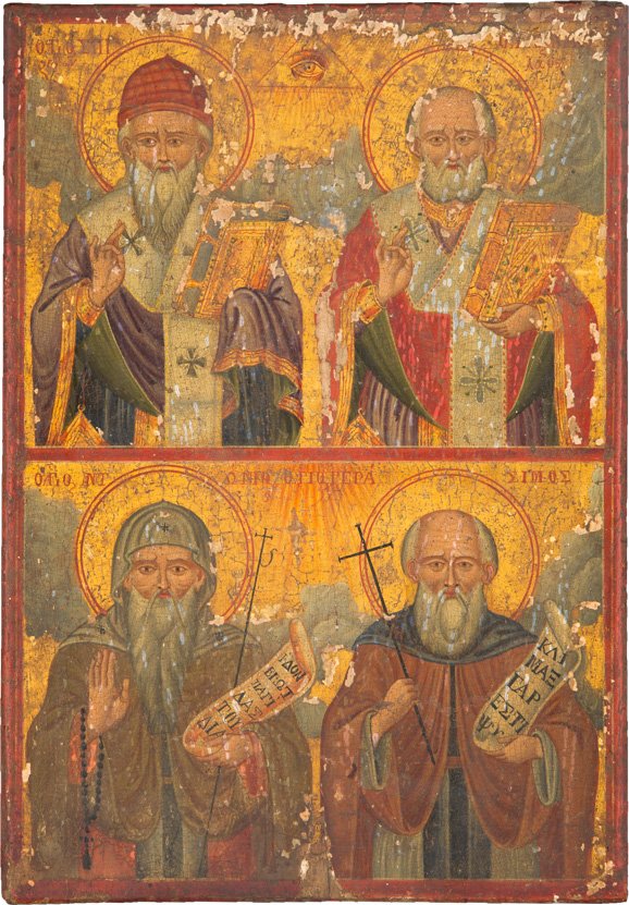 ZWEI-FELDER-IKONE: A TWO-PARTITE ICON Greek, 19th century Tempera on wood panel. The upper and lower register showing four saints including Spyridon and Nicholas of Myra. Losses. 31 x 21.5 cm. ZWEI-FELDER-IKONE Griechen