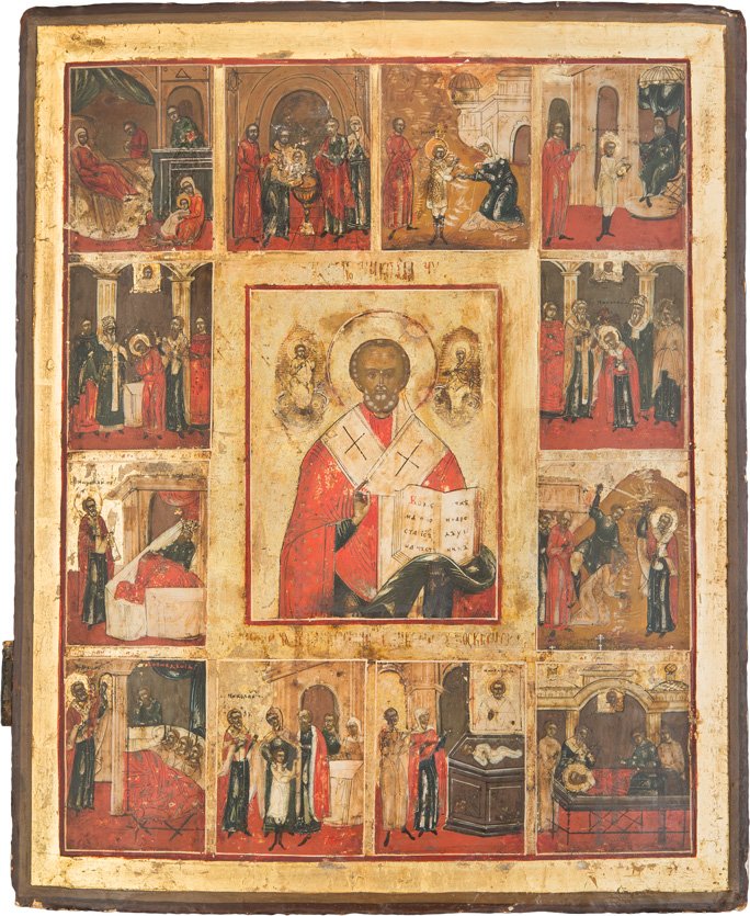 GROssE VITA-IKONE DES HEILIGEN NIKOLAUS VON MYRA MIT: A LARGE ICON SHOWING ST. NICHOLAS OF MYRA WITH SCENES FROM HIS LIFE Russian, 18th century (icon), Russian, 1st half 19th century (oklad) Tempera on wood panel. On a gold ground. The central image show