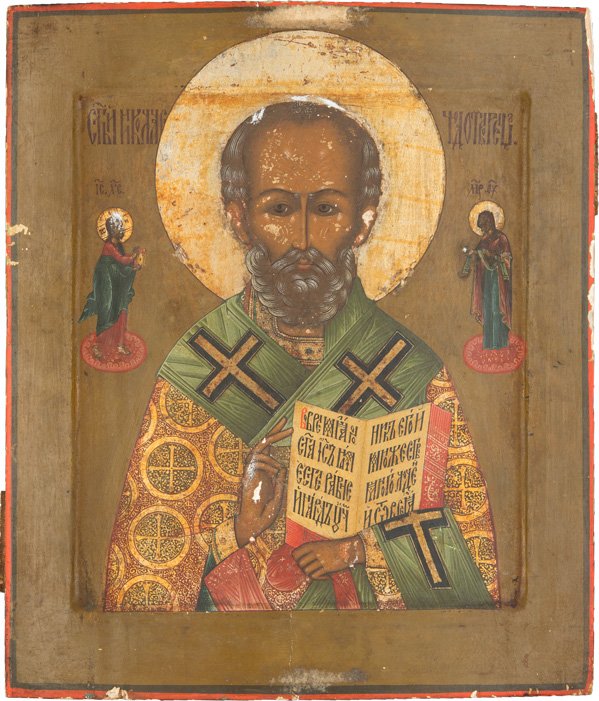 HEILIGER NIKOLAUS DER WUNDERTÃ„TER: ST. NICHOLAS THE WONDER-WORKER Russian, 19th century Tempera on wood panel with kovcheg. Traditionally painted. The saint depicted half-length blessing and displaying the Gospel book. His red phelloni
