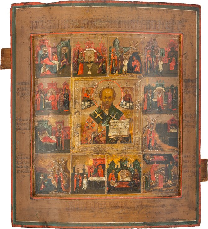 VITA-IKONE DES HEILIGEN NIKOLAUS VON MYRA: A VITA ICON OF ST. NICHOLAS OF MYRA Russian, 19th century Tempera on wood panel with kovcheg. In the centre of the icon is St. Nicholas the Miracle Worker depicted frontally and half-length. St. Nicho