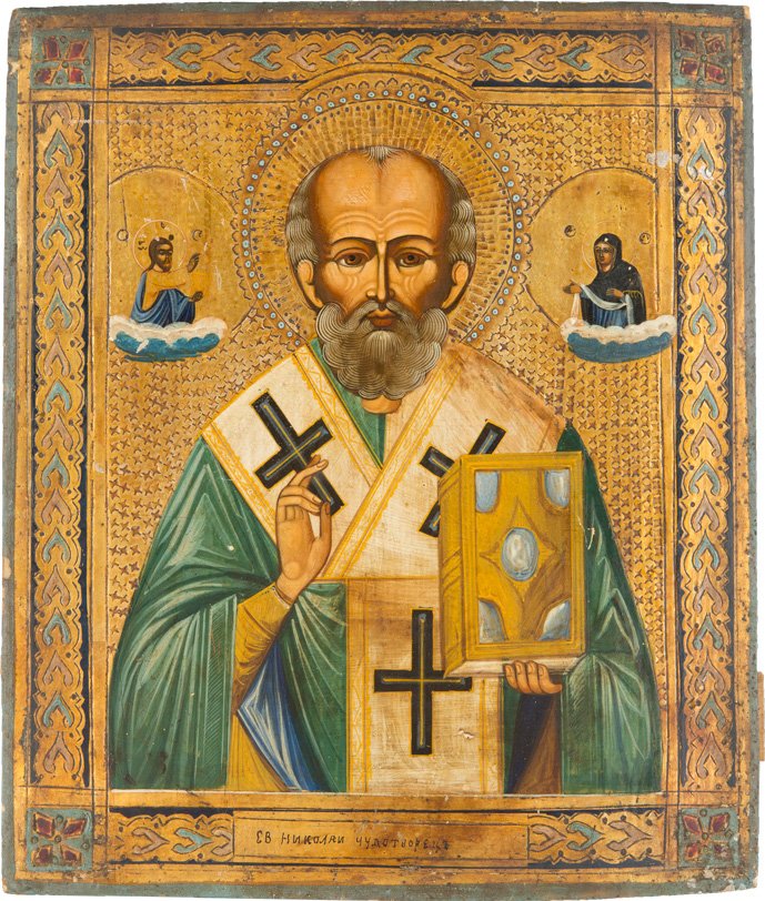 HEILIGER NIKOLAUS VON MYRA: ST. NICHOLAS OF MYRA Russian, late 19th century Tempera on wood panel. The background and border emulating contemporary enamel works. The edges minimally chipped.31.1 x 26.3 cm. HEILIGER NIKOLAUS VON 