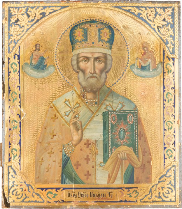 HEILIGER NIKOLAUS VON MYRA: ST. NICHOLAS OF MYRA Russian, late 19th century Tempera on wood panel. Against a golden background. The Book of Gospels with pearl encrustation. The facial features finely executed. The background wit