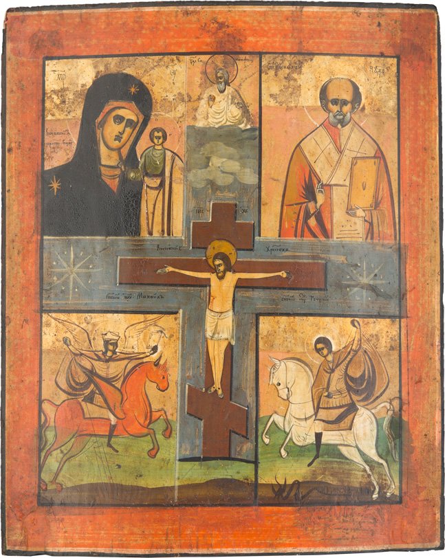 VIERFELDER-IKONE: A QUADRI-PARTITE ICON Russian, 19th century Tempera on wood panel. The icon showing the Kazanskaya Mother of God, St. Nicholas of Myra, the Archangel Michael and St. George killing the dragon. Minimal