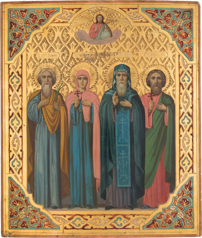 PATRONATSIKONE: AN ICON SHOWING A SELECTION OF FOUR FAMILY PATRONS Russian, circa 1880 Oil on wood panel. The icon showing Sts. John, Natalia, Makari and Theodor frontally standing in full length. The gilt background