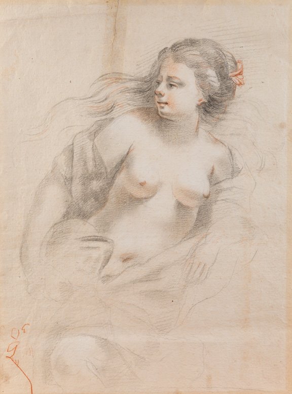 SKIZZE EINES WEIBLICHEN HALBAKTES: CHARLES-JOSEPH NATOIRE (ZUGESCHR.) 1700 Nîmes (Gard) - 1777 Castel Gandolfo Skizze eines weiblichen Halbaktes Schwarzer und roter Sift (Kohle/Rötel) auf Papier mit Wasserzeichen (Kreis mit drei Buch