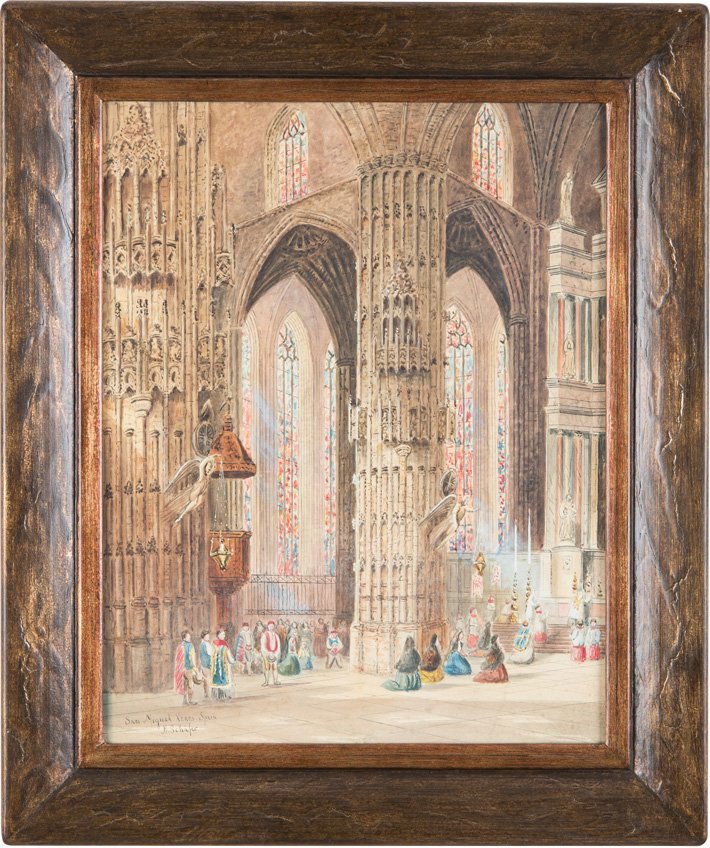 INNENANSICHT VON SAN MIGUEL XERES, SPANIEN: HENRY THOMAS SCHÄFER Um 1854 in Bloomsbury/Middlesex - 1915 wohl London Innenansicht von San Miguel Xeres, Spanien Aquarell auf Papier. SM 45 cm x 35 cm. Unten links signiert und ortsbezeichnet 'San